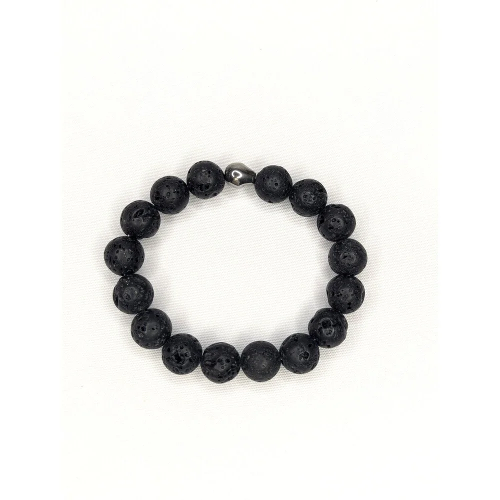 Hand-Crafted Genuine Lava Stone Bracelet with Skull - Black, Unisex NEW